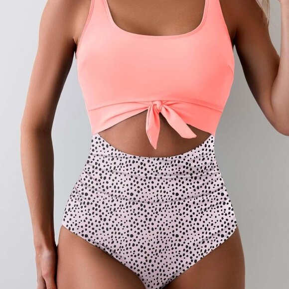 Women's Light Pink Print Tummy Control One Piece Swimsuit with Cutout Tie Knot a - Picture 2 of 4